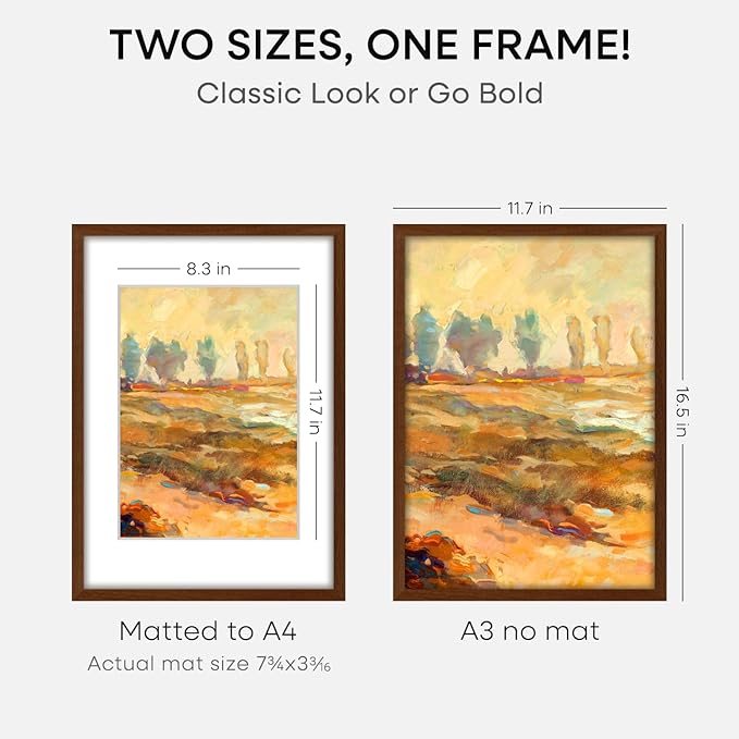 Homeforia A3 Picture Frame Brown Wood, High-End Dark Oak 11.7 x 16.5 Poster Walnut Frames Matted to 8.3 by 11.7 inch Photo, A3 Size Wooden Frame with Mat for A4 Art, Tempered Glass, Wall Kit, Set of 3