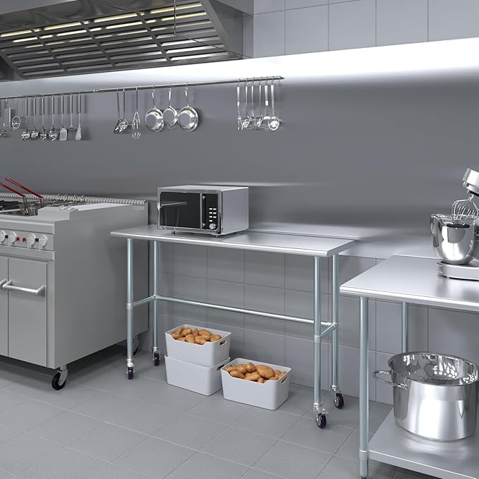 Stainless Steel Work Table Open Base & Wheels | Work Station | Metal Work Bench (Stainless Steel Work Table Open Base + Casters) (60" Long x 18" Deep)