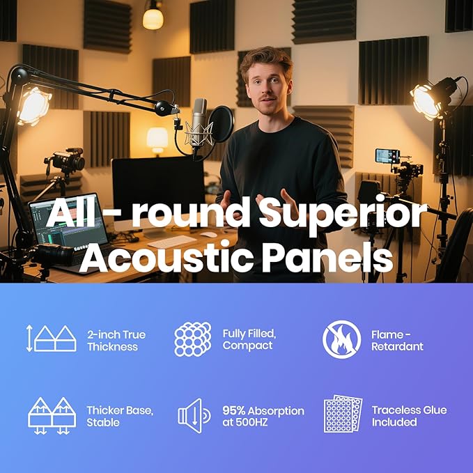 Focusound Acoustic Panels 24 Pack 2"x12"x12" with 120 PCS Double-Side Adhesive - Sound Proof Pyramid Foam for Walls, Home Studio Noise Absorption & Echo Control Kit