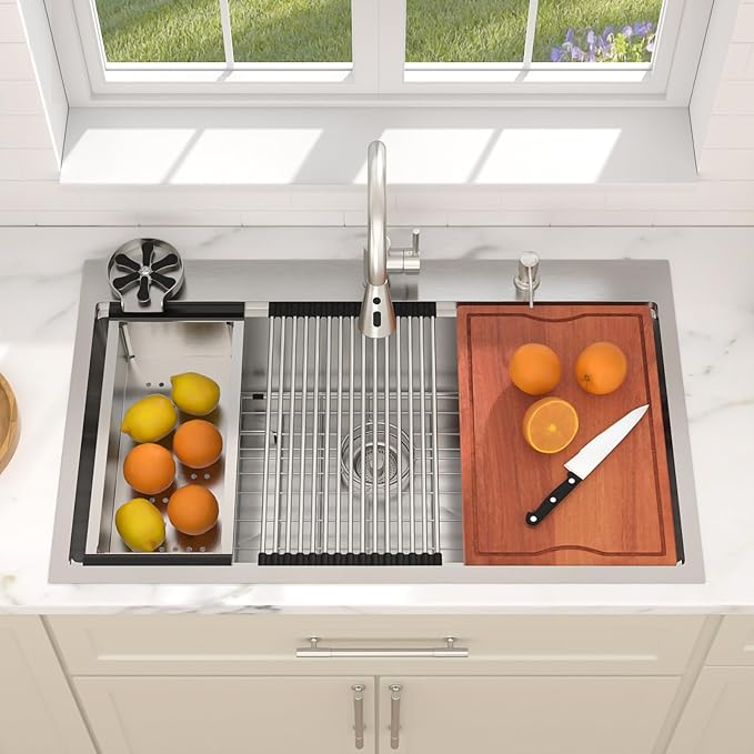 Dcolora 33x22 Workstation Kitchen Sink with Cup Washer, Drop In Luxury Large Single Bowl, 304 Stainless Steel Heavy Duty 16 Gauge, 5 In 1 Valued Accessories #DC-TW258006S