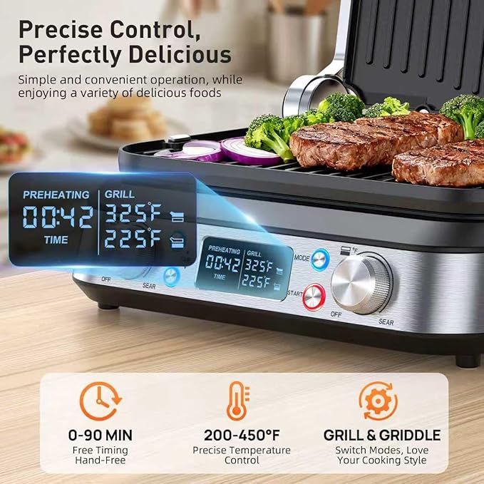 6-in-1 Griddle and Indoor Grill, 14’’ Electric Grill, For Steak, Burger, Eggs, Smokeless Pancake Griddle, Nonstick Removable 450°F Dual Adjustable Grill Plates, 90-Minute Timer, Dishwasher Safe