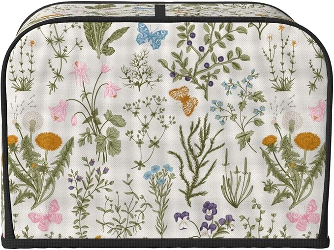 Vintage Flower Wild Herb Floral 4 Slice Toaster Cover, Waterproof Toaster Dust Bread Maker Protective Cover For Small Kitchen Appliance Dining Room Table Home Decor Gifts