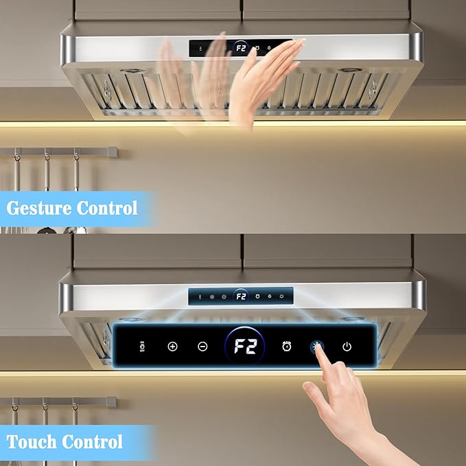 30 inch Under Cabinet Range Hood 1200 CFM with 4-Speed Gesture Sensing & Touch Control, Stainless Steel Kitchen Stove Vent Hoods with 2 LED Lights, Time Setting, Dishwasher-Safe Baffle Filters