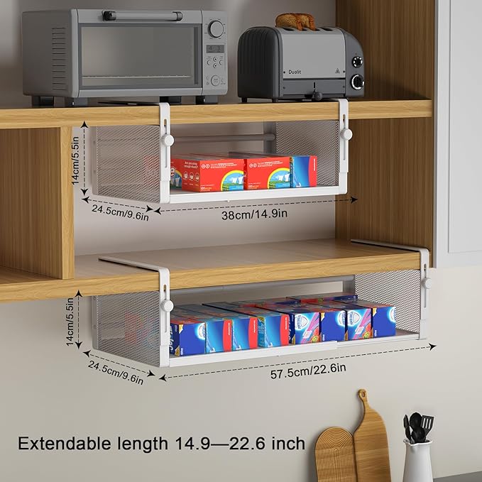 2Pack Under Shelf Basket, Adjustable Hanging Under Cabinet Shelf Storage, Hanging Holder Length Stretchable 14.9-22.6Inch for Kitchen Pantry Desk Counter Bookshelf Cupboard (White)