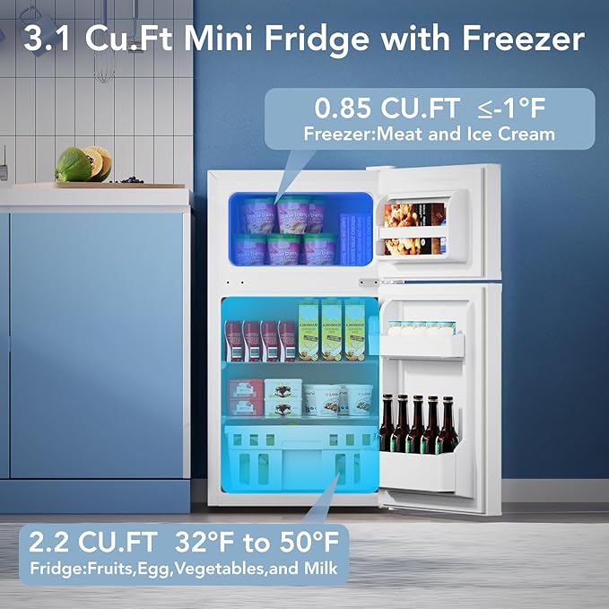 Mini Fridge with Freezer, 3.2 Cu.Ft Compact Refrigerator with 2 Doors, Small Fridge with Adjustable Thermostat & Removable Glass Shelves for Bedroom, Office, Dorm, or Apartment, White