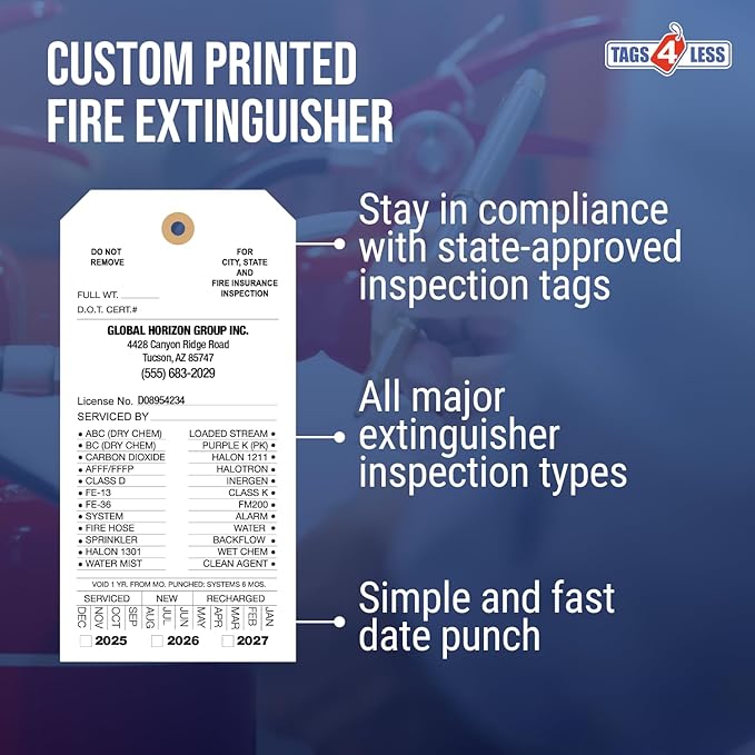 Tags 4 Less Custom Fire Extinguisher Tags – Preventative Maintenance Labels for Monthly Inspections, Alternative to Safety Sticker for Easy Record-Keeping – Pack of 100 (White, Cardboard)