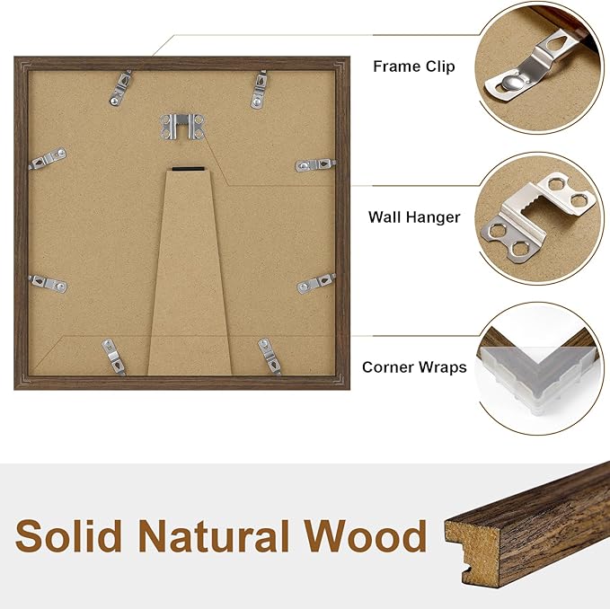 Vittanly 10x10 Picture Frame, Solid Wood Frame with Plexiglass, Includes 8x8 Mat, Wall Hanging or Tabletop for Photos, Home Decor, Brown, 1 Pack