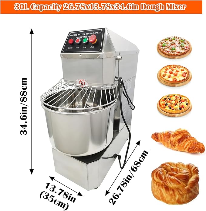 Commercial Dough Mixer Double Action Double Speed Stand Dough Mixer Machine Heavy-Duty Spiral Food Mixer Stainless Steel Pizza Bread Flour Kneading Blender 30L for Bakeries Pizzerias