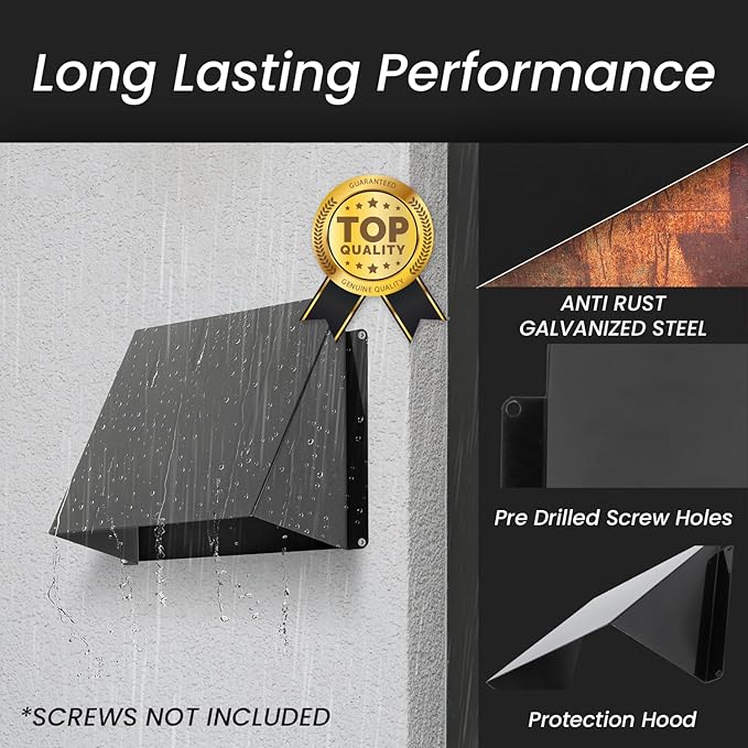 Repa Market 6 x 6 Inch Black Galvanized Steel Vent Cover - Duct Exhaust/Inlet Rain Deflector - Weatherproof Guard for Ventilation Systems/Indoor/Outdoor Vent Hood/Air Vent Grille Protection Roof