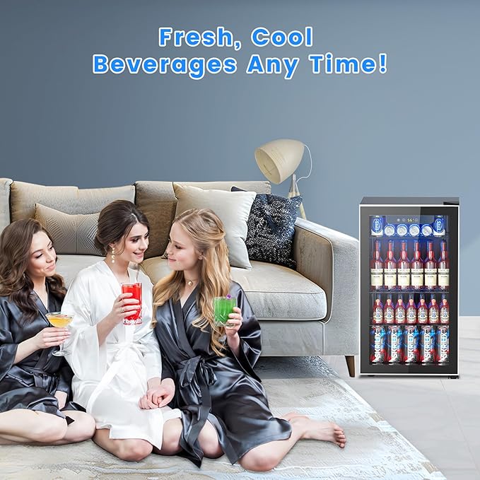 95 Cans Beverage Refrigerator, 26 Bottle Mini Fridge, 2.7 cu.ft Drink Fridge Digital Temperature Control for Bottled Beer, Soda,Water