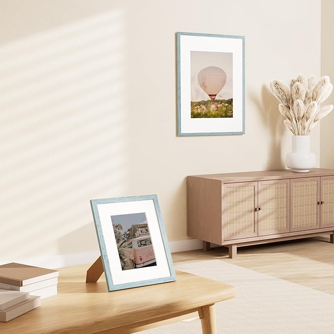 Vittanly 8x10 Picture Frame Set of 2, Solid Wood Frame for Wall or Tabletop, Display Photo 5x7 with Mat or 8x10 without Mat, Rustic Blue