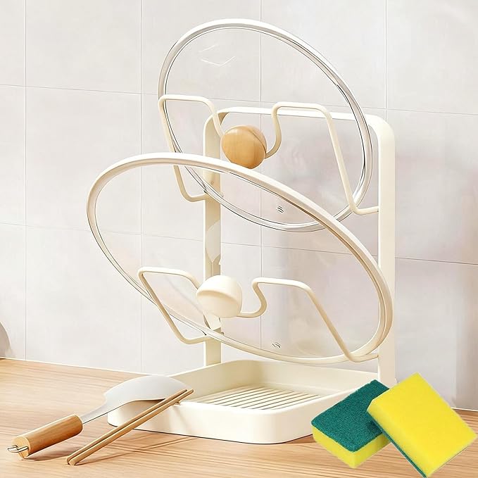 Kitchen Pot Lid Storage Rack, Heat-Resistant Pot Lid Holder While Cooking with Tray, Multifunctional Pot Lid Holder Organizer Rack, Lid and Spoon Rest for Countertop, Stove Top (Double-layer Beige)