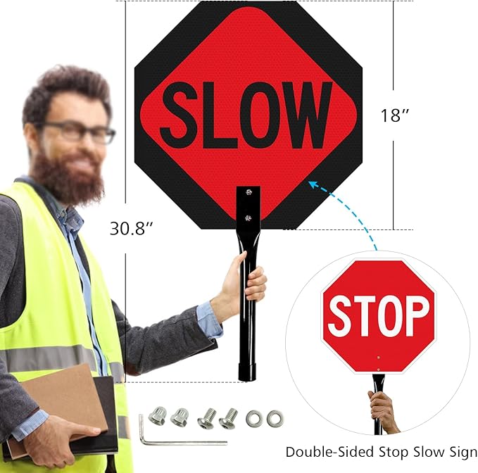 GicnKeuz Stop Slow Sign with Metal Handle, 18x18 inches Double Sided Slow/Stop sign, Traffic Reflective Aluminum Sign, Fade Resistant/Waterproof, Easy to Mount (1 Pack)