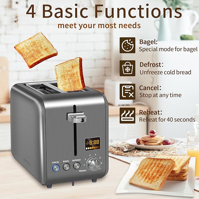 SEEDEEM Toaster 2 Slice, Stainless Steel Bread Toaster LCD Display, 7 Shade Setting, 1.4'' Wide Slots, Bagel/Defrost/Reheat Functions, Removable Crumb Tray, 900W, Dark Metallic