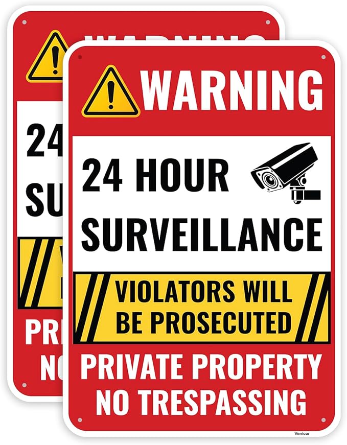 2PC 24 Hour Surveillance Sign, 10 x 7 Inches - Aluminum - Private Property No Trespassing - Security Camera Metal Warning Sign