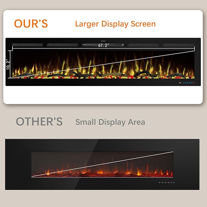 72" WiFi Electric Fireplace, Recessed and Wall Mounted Fireplace Heater, 13 Flame & Fuel Bed Colors, 5 Brightness, Thermostat, Timer, App and Remote Control, 750/1500W