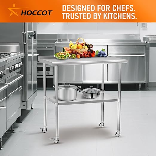 Stainless Steel Prep Table 30" X 36" with Adjustable Undershelf, Backsplash and Wheels, Commercial Metal Workstations for Kitchen, Garage, Outdoor BBQ