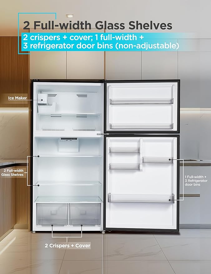 BLACK+DECKER 24 Cu. Ft. Top Mount Refrigerator with Ice Maker, 2-Door Refrigerator with Top Freezer, Freezer with Icemaker and Adjustable Temperature Control, ENERGY STAR, BR2400JIMB, Black