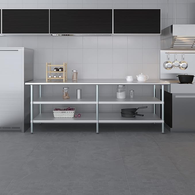 AmGood Stainless Steel Work Table with 2 Shelves | NSF | Metal Utility Table (96" Long x 30" Deep)