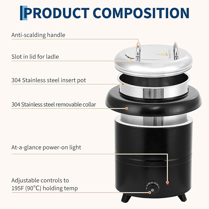 13.7QT Commercial Grade Soup Warmer Kettle with Hinged Swing Lid and Detachable Stainless Steel Insert Pot, Electric Soup Pot for Restaurants, Catering, Buffet, Party, Big Family
