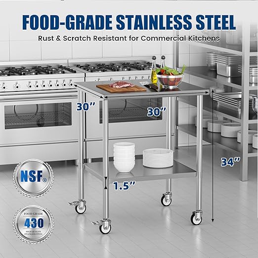 Stainless Steel Work Table with Wheels, 30x30 Inch NSF Kitchen Prep Table with Adjustable Undershelf for Commercial Restaurant, Garage, Outdoor BBQ