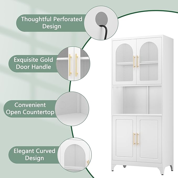 75" Metal Kitchen Pantry Storage Cabinet,Kitchen Hutch Food Pantry Cabinet with Microwave Stand,Freestanding Larder Cupboard with Doors and Adjustable Shelves for Living Room