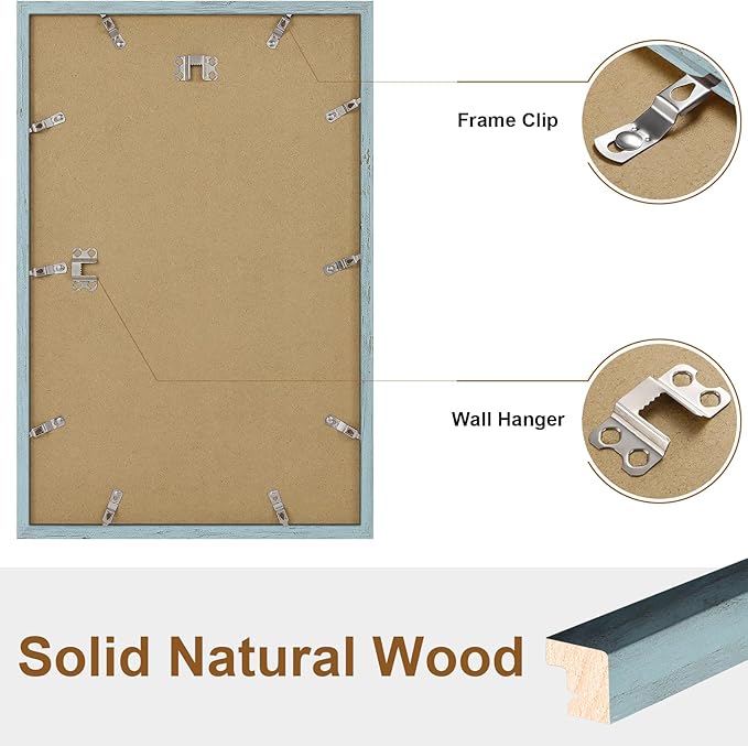 Vittanly 11x17 Picture Frame, Solid Wood Frame with Plexiglass, Includes 8x12 Mat, Wall Hanging for Photos, Home Decor, Rustic Blue, 1 Pack