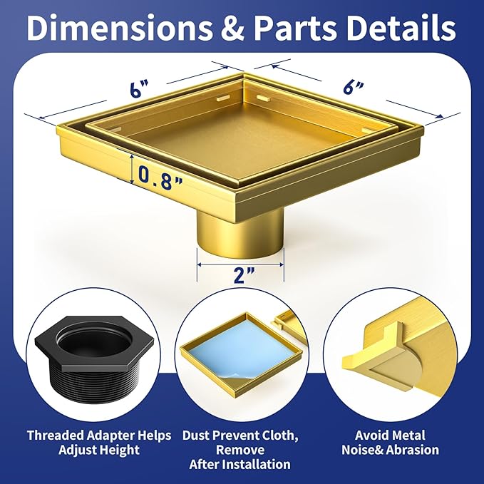 Square Shower Drain 6", Brushed Gold Floor Drain with Tiled Insert Grate & Hair Strainer, 304 Stainless Steel Bathroom 2-in-1 Tiled in Drain, CUPC Certified (Brushed Gold, 6'')