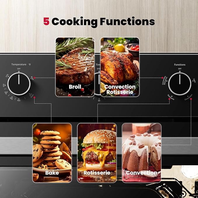 GASLAND 24 in Gas Wall Oven, ETL Certified Built-in Single Wall Oven, Natural Gas Wall Oven with Bake Broil Rotisserie Functions, Timer and Convection Fan, 120V Cord Plug, Black