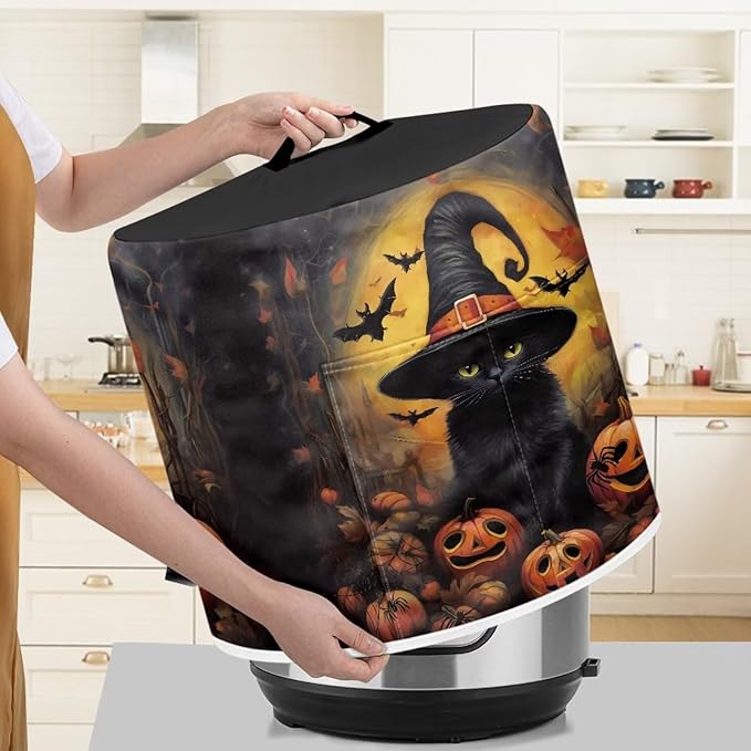 Pressure Cooker Cover for 8 Quart Air Fryer Accessories, Stain Resistant Electric Appliance Cover with Pockets for Halloween Decoration, Black Cat Witch Pumpkin