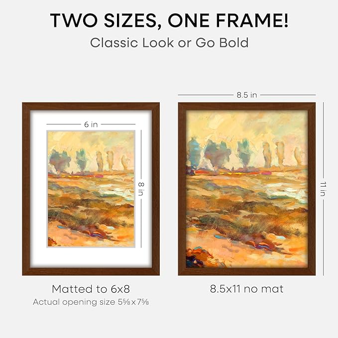 Homeforia 8.5x11 Picture Frame Brown, High End Dark Oak 8.5 x 11 Walnut Wooden Frames with Mat 6 by 8 Photo, 11x8.5 Wood Frame Matted to 6x8, Wall or Tabletop Frame, Tempered Glass, Wall Kit, Set of 3