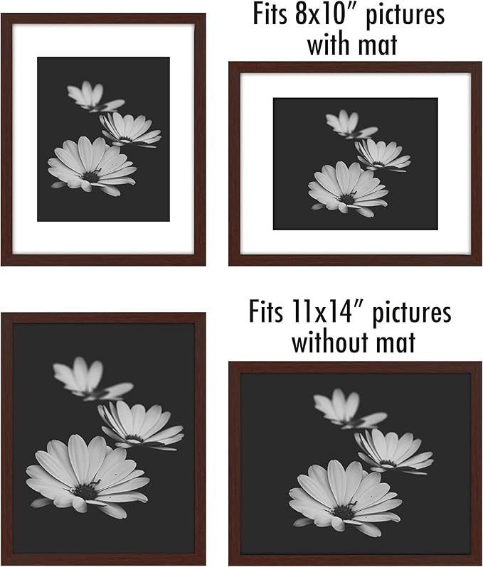 Americanflat 11x14 Picture Frame with Polished Plexiglass - Set of 5 - Use as 8x10 Frame with Mat or Display 11x14 Photo Without Mat - Galleria Collection - Picture Frames for Wall Display - Mahogany