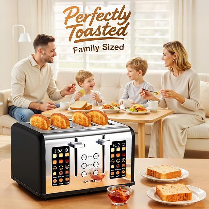 4 Slice Touch Screen Toaster, Easy-to-Use Digital Stainless Steel Toaster with Wide Slots, Reheat Defrost Cancel, Removable Crumb Tray, Matte Black
