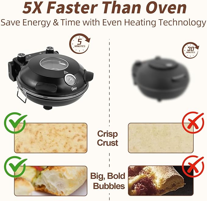 12" Electric Pizza Oven - Countertop Pizza Maker with Ceramic Stone, Heats up to 800°F, Portable Indoor Pizza Oven for Homemade Pizzas, Black