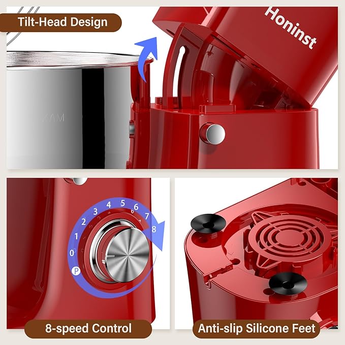 Stand Mixer, 3-In-1 8-Speed 660W 6.5QT Tilt-Head Food Electric Mixers with Bowl, Dough Hook, Whisk and Beater, Kitchen Mixer for Baking, Cake and Most Home Cooks, Red