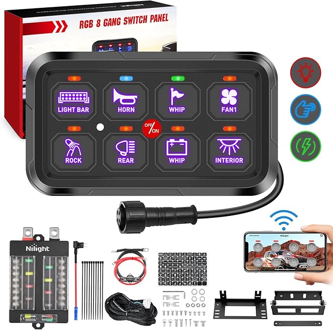Nilight 8 Gang Switch Panel Circuit Control Relay System APP RGB Backlight Fuse Wiring Harness Automatic Dimmable ON Off LED Switches Pod for 12V 24V Cars Trucks Campers SUV