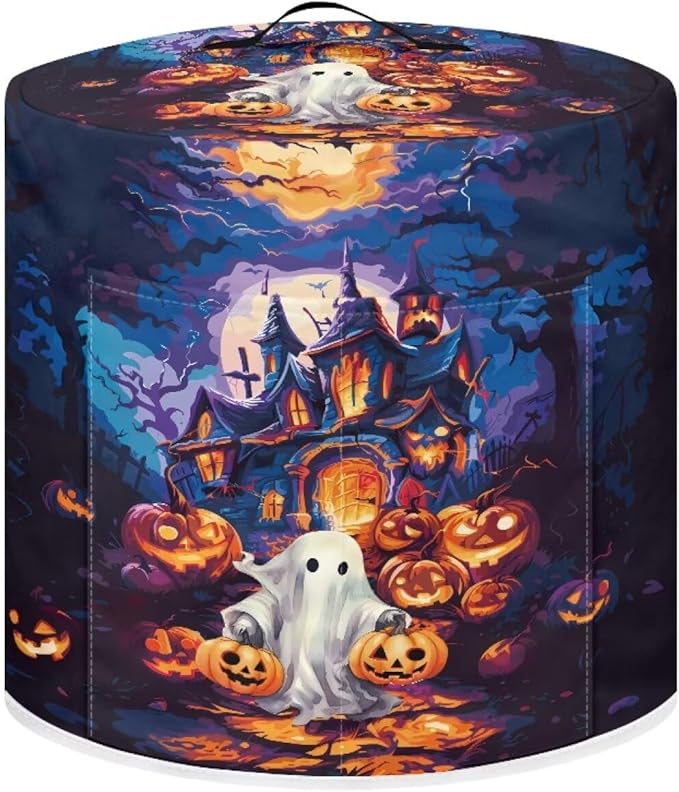 Halloween Theme Kitchen Appliance Decor 8 Quart Pressure Cooker/Air Fryer/Rick Cooker Dust Cover with Top Handle and Storage Pocket Halloween Castle Ghost Print