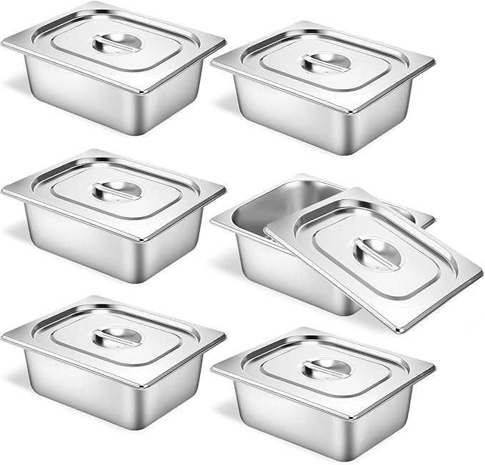 6 Set Stainless Steel Hotel Pans 1/2 Size 4 Inch Deep With Lids, Anti-Jam Chafing Steam Table Pans, Catering Food Storage Metal Pan