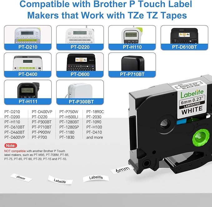 Labelife 6mm Label Tape TZe-211 Replacement for Brother P Touch TZe TZ Tape 6mm 0.23 Laminated White Label Tape TZe211 TZ-211 for Brother Label Maker PT-D210 PT-D220 PT-H110 PT-D200, 1/4 Inch, 5-Pack