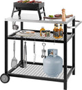 Stainless Steel Grill Cart Pizza Oven Stand Trolley Table with Wheels Pizza Cart Three-Shelf Movable Food Prep Work Dining Table with Double-Shelf Heavy Duty Outdoor 31.5" x 24 x 33.5
