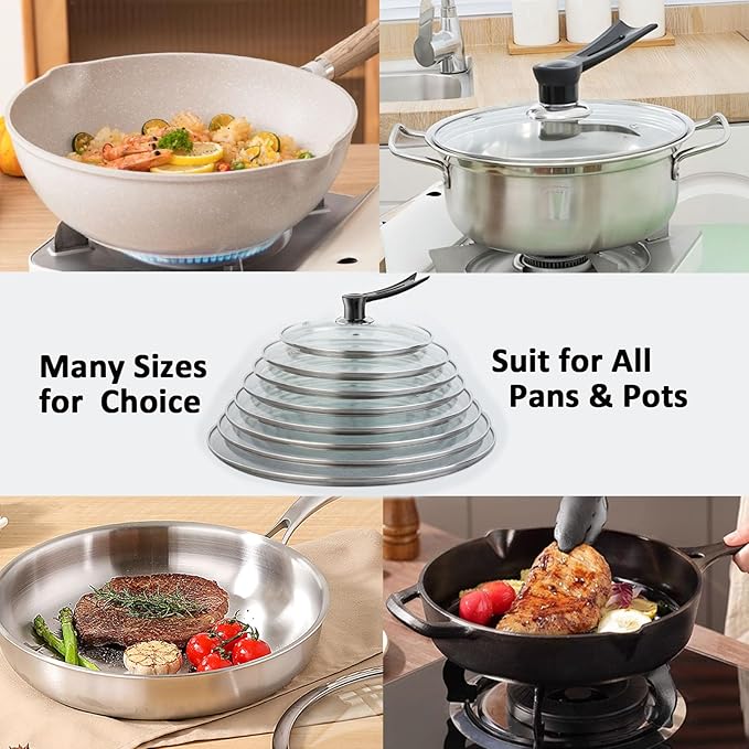 14 Inch Glass Lids For Pots, Pans and Skillets, Available in Small and Large Lid 10.25, 11, 12, 12.5, 13.5 and 14 Inch,Replacement Tempered Clear Glass Lids with Steam Vent,Standable Pan Cover