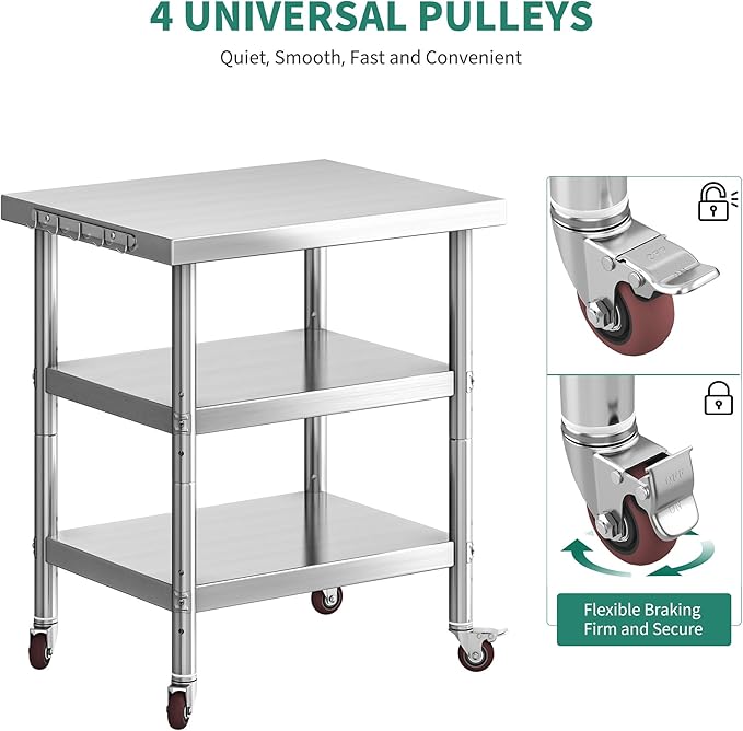 YITAHOME NSF Stainless Steel Table, 30" X 24" Work Table with Wheels, 3 Shelves Metal Prep Worktable for Home Kitchen Restaurant Garage Warehouse Outdoor