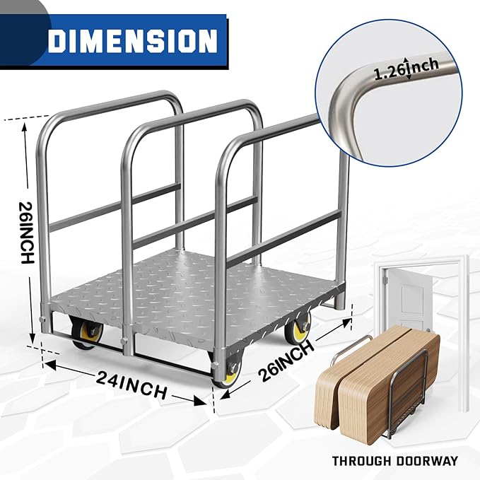 Panel Cart, Heavy Duty Flatbed With 5In Swivel Caster 1500LBS Weight Capacity for Lumber Drywall Mattress Transporting Heavy Loads With Ease and Efficiency - 2PCS Straps for Platform Trucks