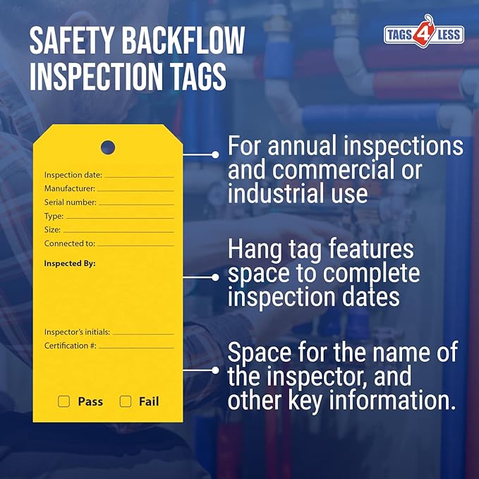 Tags 4 Less Backflow Preventer Inspection Tags – 2 5/8" x 5 1/4" Maintenance Record Label for Backflow Test, Waterproof Heavy Duty Vinyl Plastic for Record-Keeping (Yellow, Pack of 100)