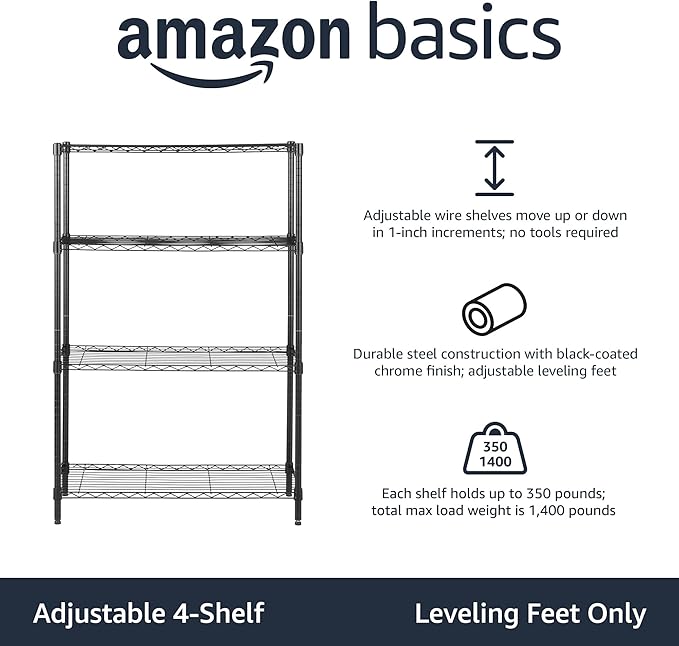 Amazon Basics 4-Shelf Steel Wire Rack, 36" L x 14" W x 54" H, Black | Heavy Duty, Adjustable, for Kitchen, Garage, Storage, Shelving Organizer