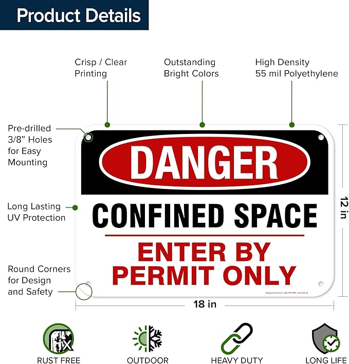 Danger Confined Space Enter By Permit Only Sign, 12x18 Inches, 55 mil thick HDPE (high density polyethylene), Made in USA by My Sign Center
