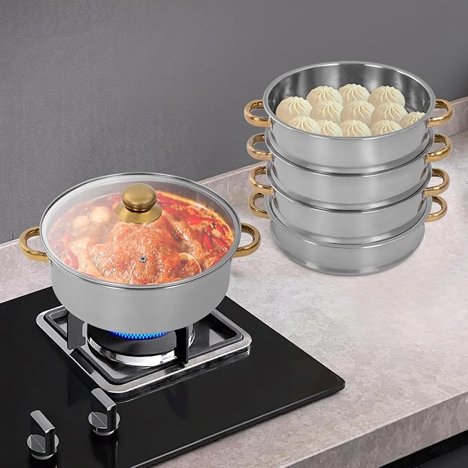 Steamer 30*47cm/11.81*18.5in, 5-tier Stainless Steel Steam Cooker w/ Clear Lid & Gold Anti-scald Handles, Home Stackable Multipurpose Steam Pot for All Hobs (1x1.32Gal Bottom Pan, 4xSteamer Baskets)