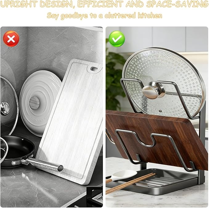 2Pack Kitchen Pot Lid Storage Rack, Space-Saving Kitchen Pot Cover Organizer Stand, Pot-Lid Cutting Board Holder With Removable Drip Tray (Double-layer)