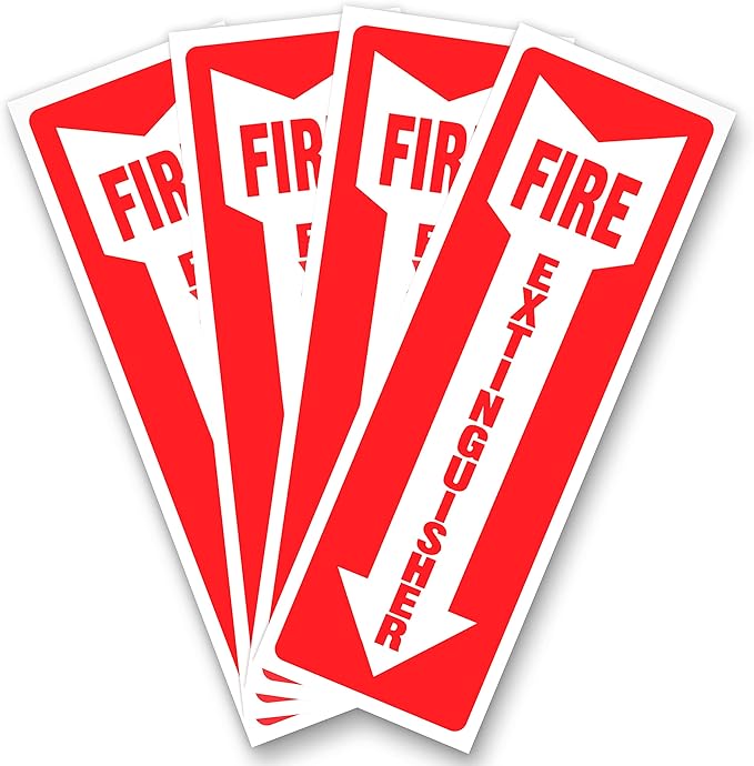 Fire Extinguisher Signs, Safety Sign Sticker - 4 Pack - 4" X 12" - 5 Mil Vinyl Bright Red and White Colors - Durable Self Adhesive, Weatherproof & UV Protected Ideal for Home, Office or Boat