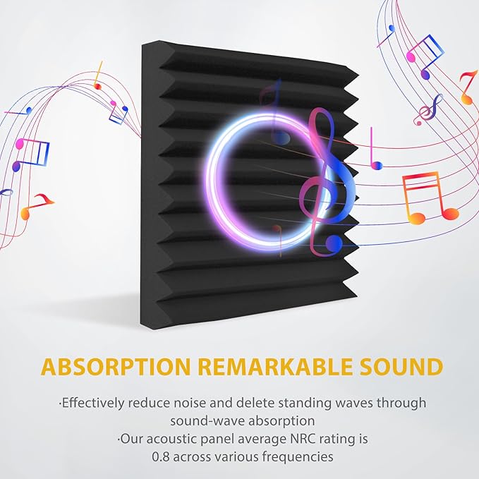 Acoustic Foam Panels Sound Absorbing 12 Pack - 1" X 12"X 12" Sound Proof Panels Noise Reducing for Walls, High Density Sound Deadening Panels Black Wedge for Studio Recording & Office & Home